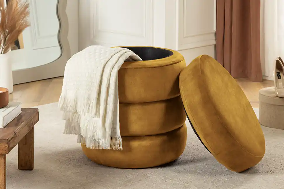 Moderní taburet Fashion s úložným prostorem hořčicový samet 40cm Expresní Doručení