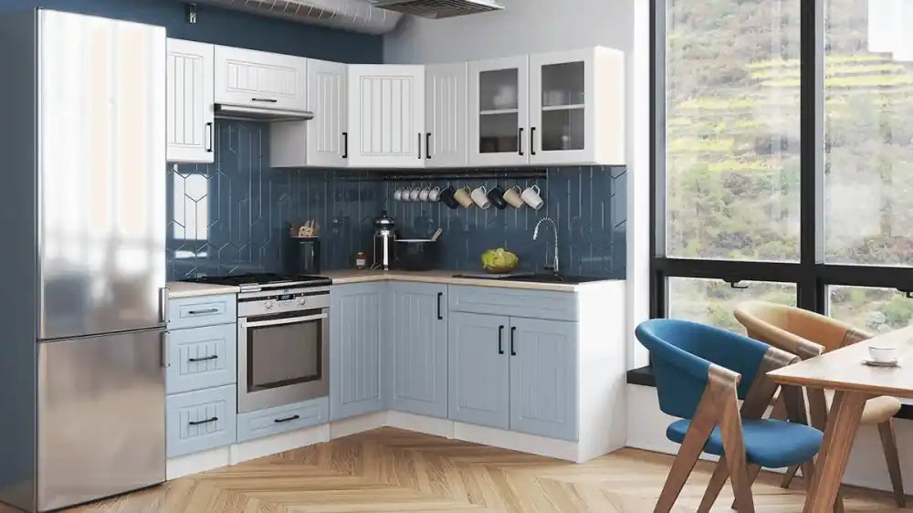 Rohová kuchyňská linka Romana bílá/denim MAT Výhodná Nabídka