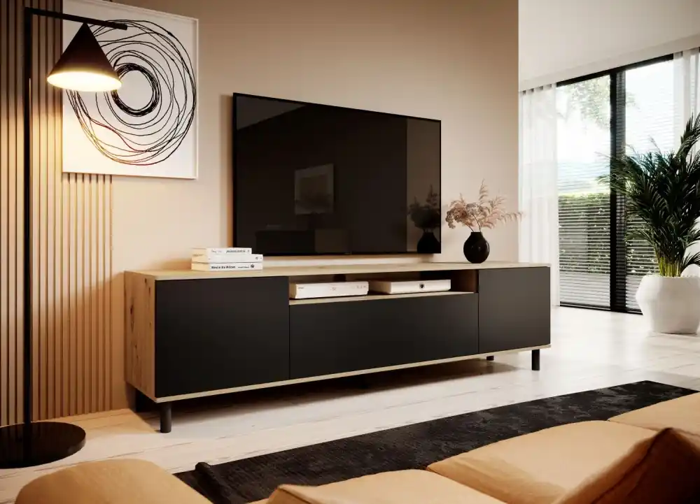 TV skříňka Log 200 dub artisan / černá - kulaté kovové nohy Výhodná Nabídka