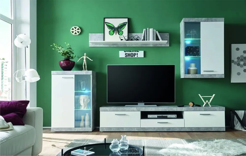 Zlevněný Obývací stěna KETLIN New beton/bílá včetně LED osvětlení