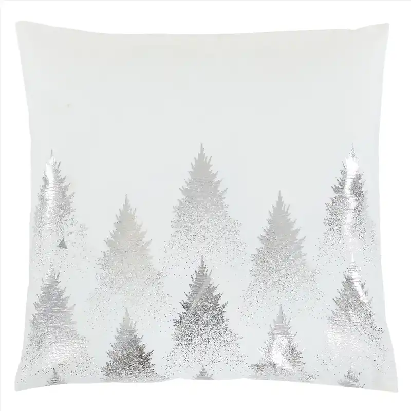 Polštář sametový s výplní, bílý - stříbrné stromky, 100% polyester, 45 x 45 cm. Levný