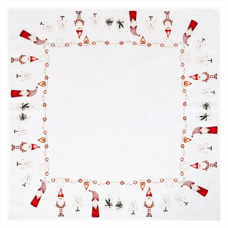 Víkendová Akce Ubrus bílý - vánoční, okraje se skřítky, 100% polyester, 80 x 80 cm.