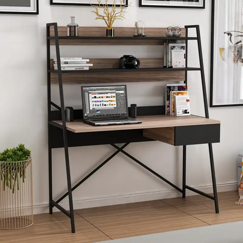 ATHENY pracovní stůl s regálem, ořech / černá Must-Have
