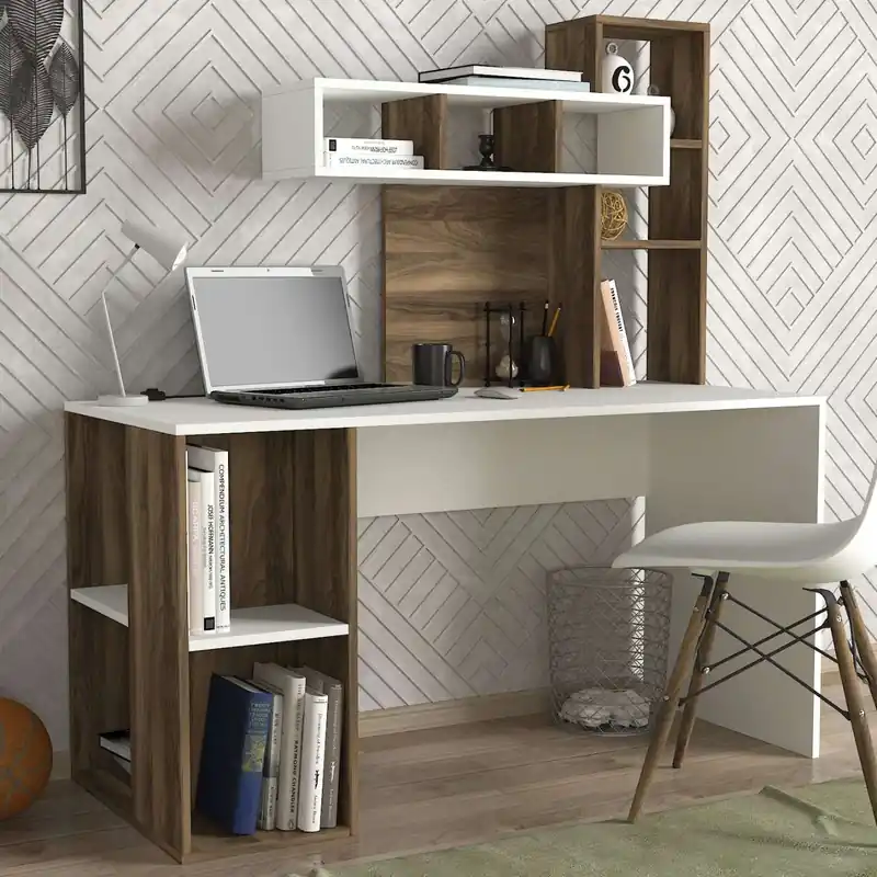 Ověřený ZAKIMI designový psací stůl, bílá/ořech