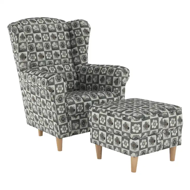 Křeslo ušák s taburetem, látka patchwork N1, ASTRID Dokud Zásoby Vydrží