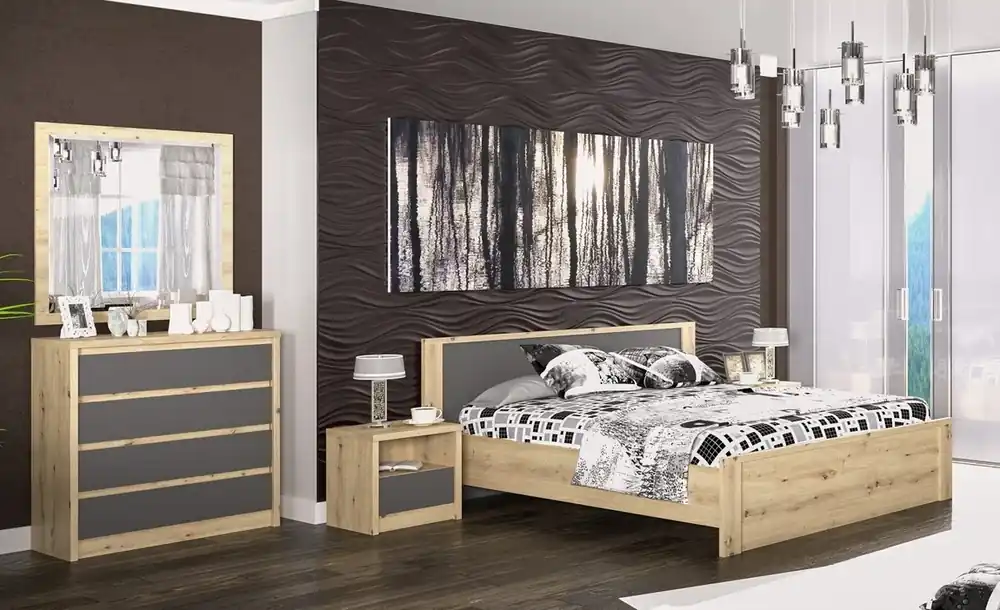 Sestava do ložnice DOMINIKA dub artisan/šedý (postel 160, 2x NS, komoda 4S) Nakupujte Hned