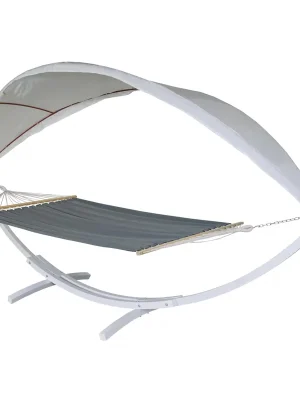 Houpací síť HWC-J47 se stříškou pro 2 osoby, dřevo, 420cm - bílá, šedá Hit Sezóny