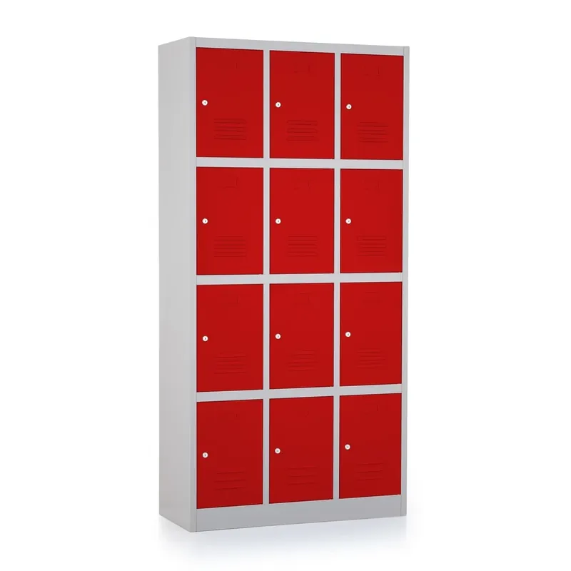 Kovová šatní skříňka - 12 boxů, 90 x 40 x 185 cm, cylindrický zámek, červená - ral 3000 Poslední Šance
