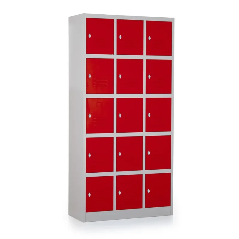 Výprodej Kovová šatní skříňka - 15 boxů, 90 x 40 x 185 cm, otočný zámek, červená - ral 3000