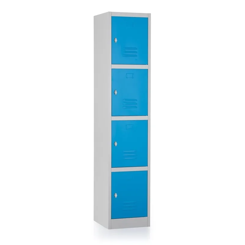 Kovová šatní skříňka - 4 boxy, 38 x 45 x 185 cm, otočný zámek, modrá - ral 5012 Novinka