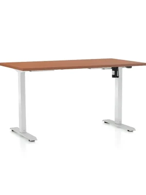 Značkový Výškově nastavitelný stůl OfficeTech A, 140 x 80 cm, bílá podnož, třešeň
