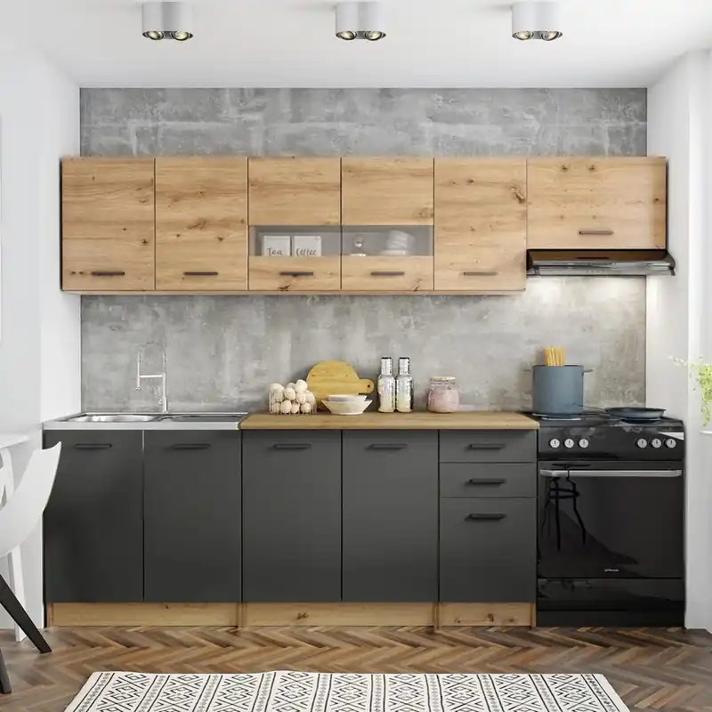 Rychlé Dodání Kuchyňská linka Perla 260, dub artisan / tmavě šedá