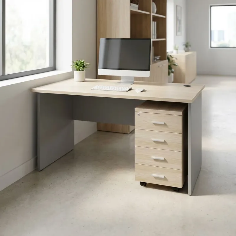 Aktuální Sestava kancelářského nábytku SimpleOffice 1, 140 cm, dub světlý / šedá