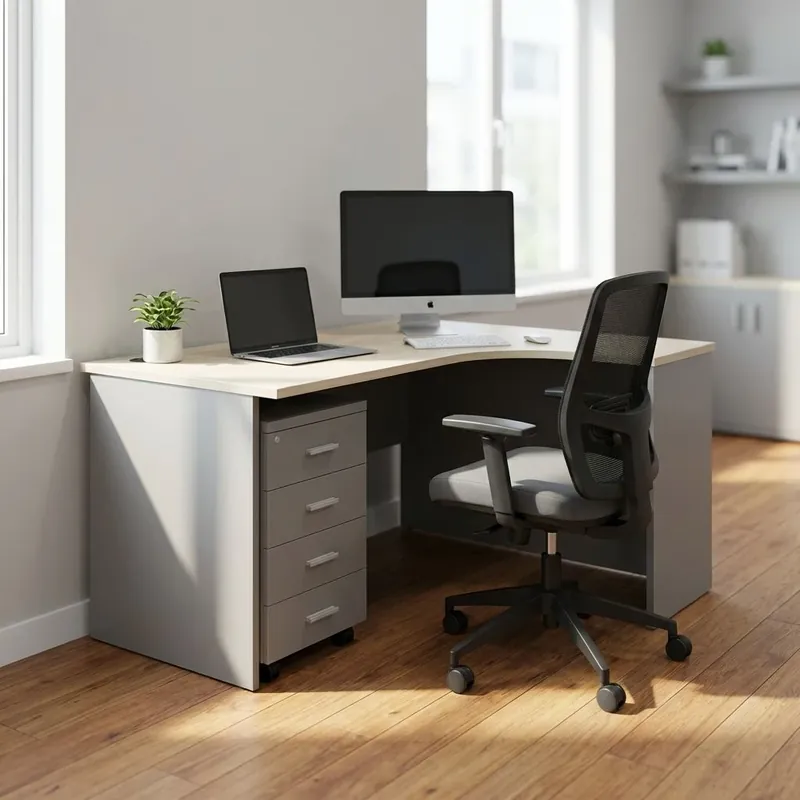 Nová Kolekce Sestava kancelářského nábytku SimpleOffice 2, 140 cm, pravá, šedá / dub světlý