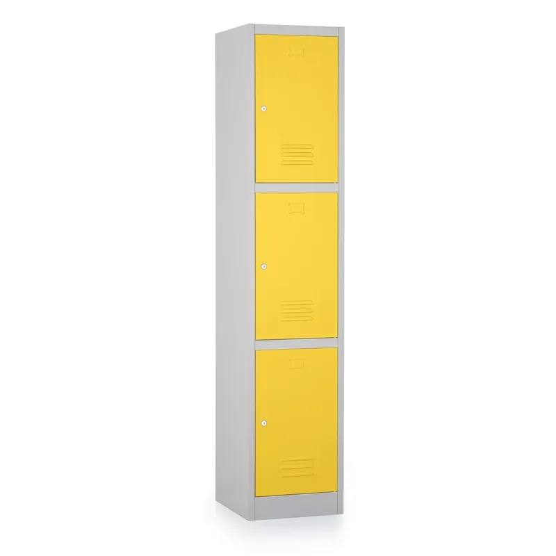 Víkendová Akce Kovová šatní skříňka - 3 boxy, 38 x 45 x 185 cm, cylindrický zámek, žlutá - ral 1023