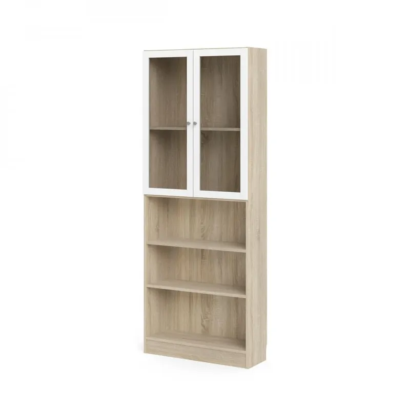 Skříň Bask 79 x 28,3 x 203,2 cm, dveře sklo, dub sonoma / bílá Hit Sezóny