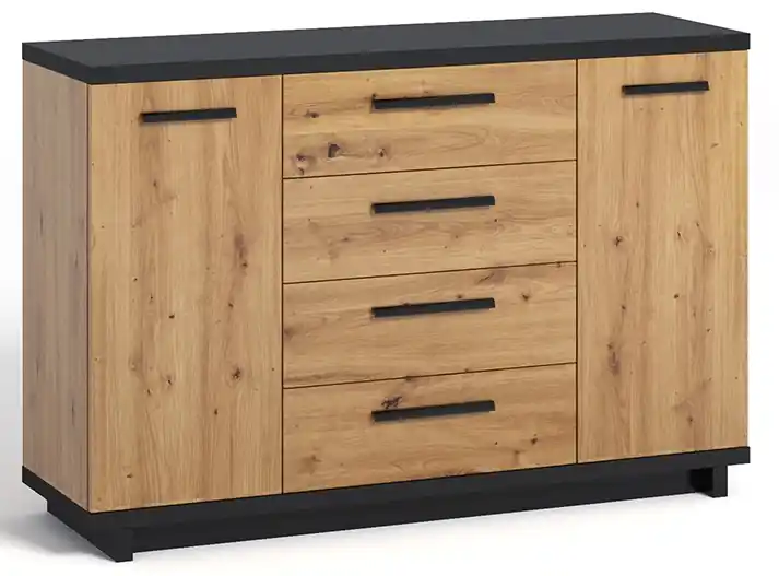 Bezpečná Platba Moderní komoda Ines - 2 dvířka, 4 šuplíky, dub artisan / černá