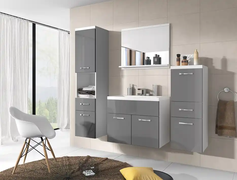 Koupelnová sestava ALBA 3 bílá / šedý lesk – moderní elegance do koupelny Finální Výprodej