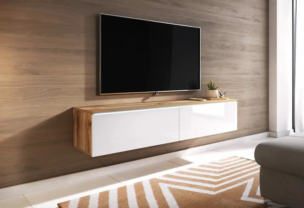 Závěsný televizní stolek Lowboard D 140 cm - dub wotan / bílý lesk Vysoce Kvalitní