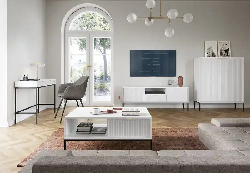 Malá obývací sestava Nova bílá se zlatými úchytkami – elegantní řešení do menšího interiér Must-Have