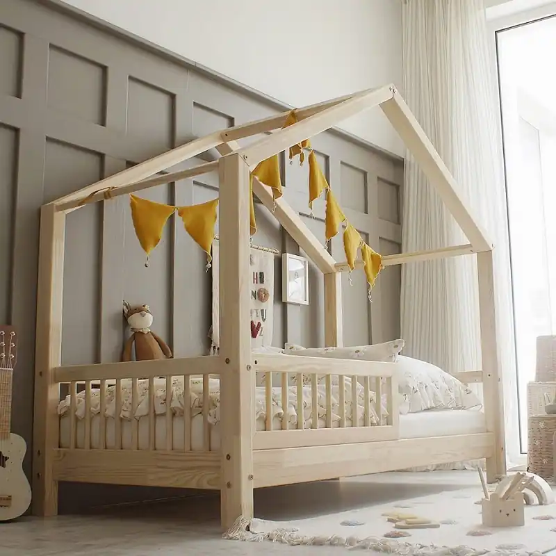 Dětská postel Housebed se zábranou (kulaté příčky) - 90 x 190 cm / přírodní Super Cena